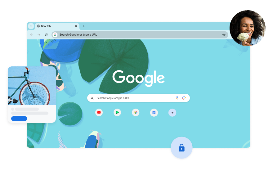 The Google search page background has a blue illustration of fish in a koi pond. A photo of a woman is in a corner.