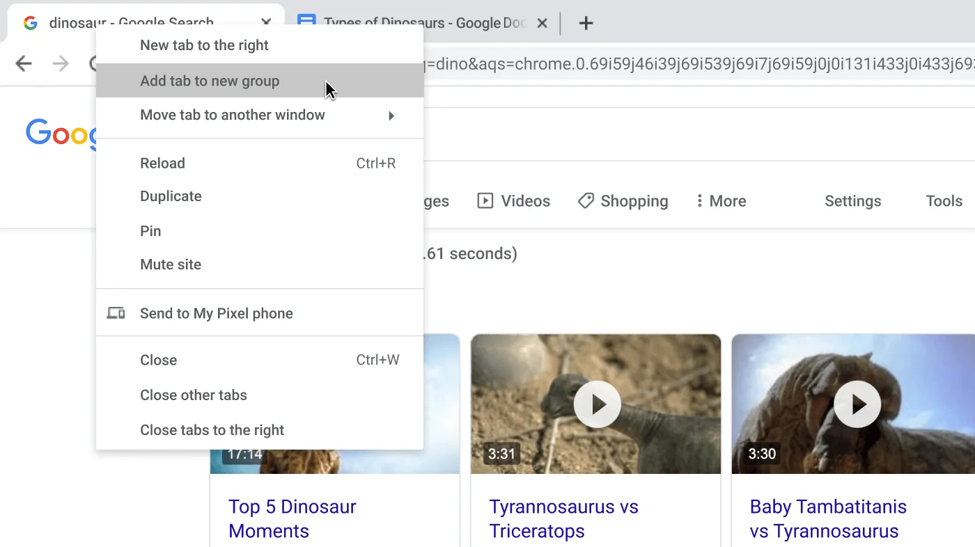 Chrome browser window with dialog box showing the creation of a new tab group