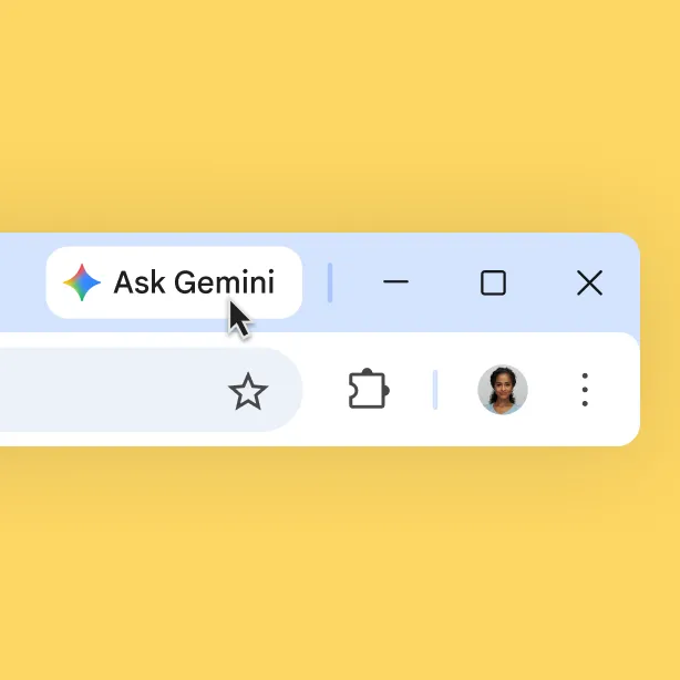 A Gemini icon is shown at the top of a Chrome browser bar. The user hovers on the icon. A tooltip reads 'Gemini in Chrome.'