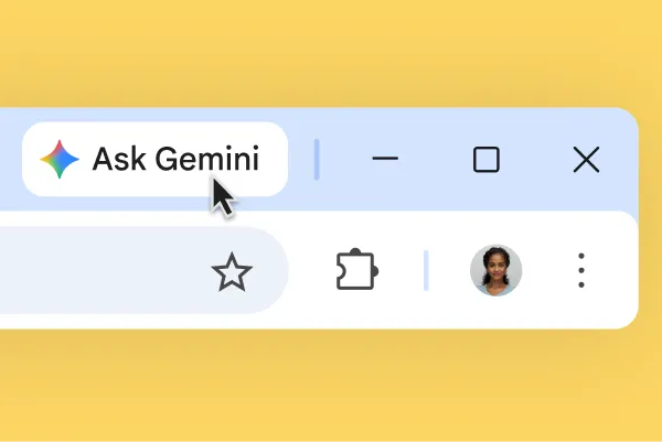 A Gemini icon is shown at the top of a Chrome browser bar. The user hovers on the icon. A tooltip reads 'Gemini in Chrome.'