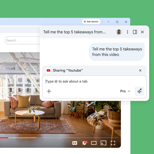 The Gemini in Chrome pop-up is on a YouTube page. The user asks Gemini in Chrome for the top 5 takeaways from the video.