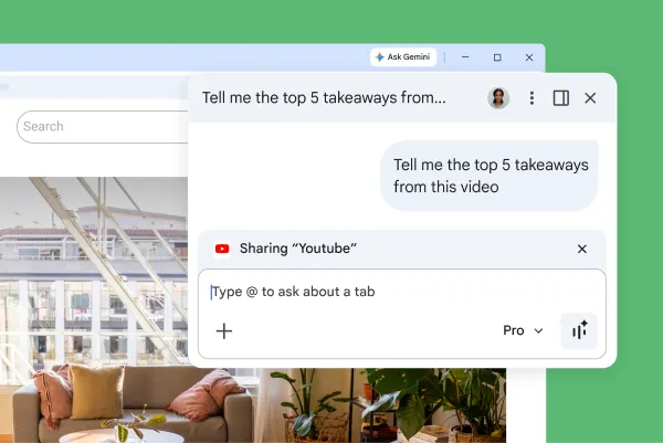 The Gemini in Chrome pop-up is on a YouTube page. The user asks Gemini in Chrome for the top 5 takeaways from the video.