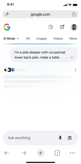 From the home screen of the Chrome mobile app, a user opens AI Mode. They tap 