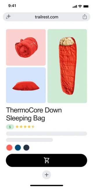 On a retail page featuring a sleeping bag, a user opens Gemini in Chrome. A box appears so they can ask Gemini a question.