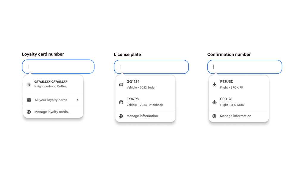 Autofill user experience for filling in loyalty cards, vehicle information and flight information.